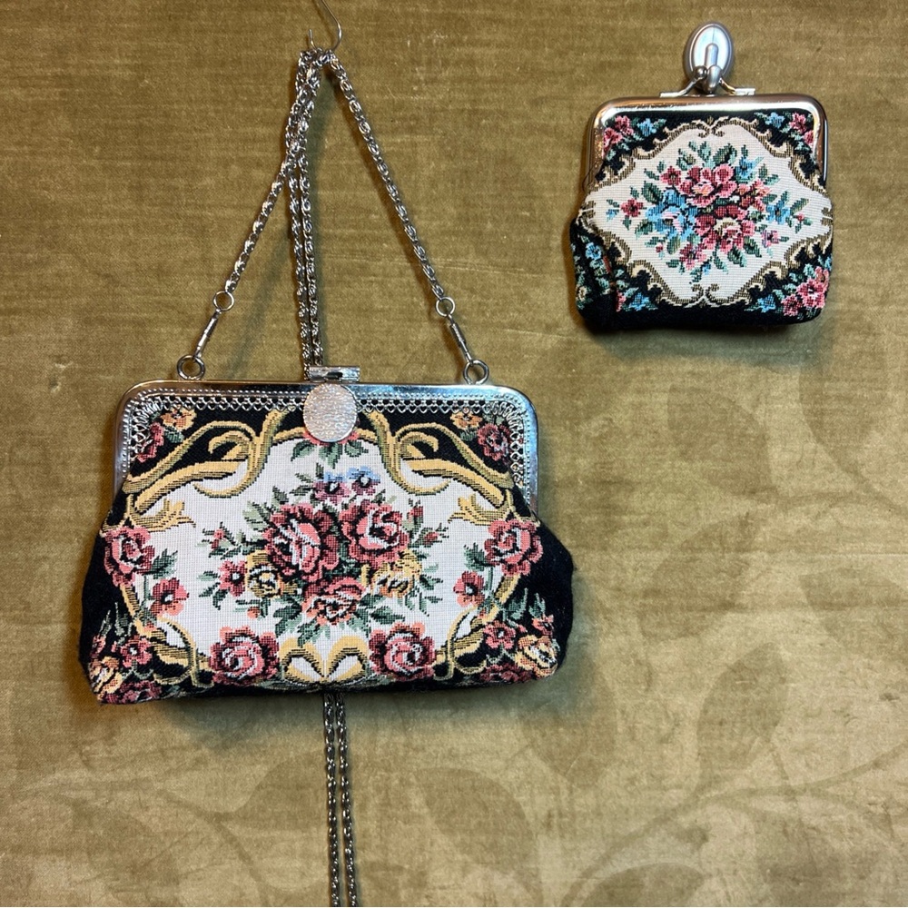 Vintage Floral Black Tapestry Evening Bag Chain Strap 24” + Coin Purse Hong Kong